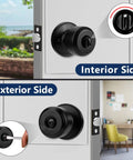 10 Pack Matte Black Door Knobs For Privacy Or Passage Doors With Keyless Doorknob Bedroom Or Bathroom Door Hardware Easy Install Includes Lockset Handle And Instructions showing interior and exterior view with lock details