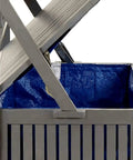 Badass Acacia Wood Outdoor Storage Chest With Built In Garden Trellis And Four Deep Compartments For Yard Gear Plus Patio Deck Essentials Tough As Nails Grey Wash Finish, side view of open compartment with blue lining.