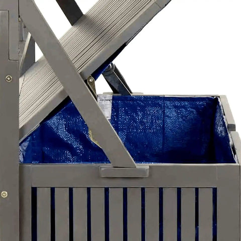 Badass Acacia Wood Outdoor Storage Chest With Built In Garden Trellis And Four Deep Compartments For Yard Gear Plus Patio Deck Essentials Tough As Nails Grey Wash Finish, side view of open compartment with blue lining.