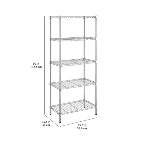 Heavy Duty Five Shelf Adjustable Storage Shelving Rack For Garage And Workshop Featuring A Rugged Steel Wire Base That Handles Two Hundred Pounds Per Tier In Slick Chrome Finish With Dog Gone Strong Build Quality That Truly Gets The Job Done