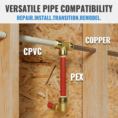 1/2 Inch Push-Fit Fittings Bulk Pack No Lead Brass Elbow 90 Degree and Tee for PEX Copper CPVC in wood framing
