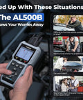 Person holding AL500B All In One OBD2 Scanner And Battery Tester For All OBDII Cars, Full Diagnostic Scan tool with screen display.