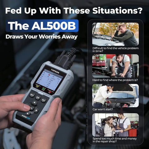 Person holding AL500B All In One OBD2 Scanner And Battery Tester For All OBDII Cars, Full Diagnostic Scan tool with screen display.