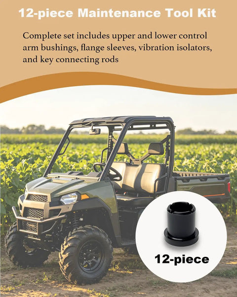 Premium Upper And Lower A Arm Suspension Bushings With Flanged Sleeve Isolators For John Deere Gator Xuv 625i 825i 855d 4x4 5e 6e 6d showing 12-piece tool kit with arm bushings and sleeves.