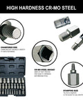 Beast-Ready Heavy Duty 26 Piece CR-MO Screw Extractor Set with hex head, multi-spline for 3/8 inch drive, case view and extractor close-ups.