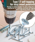 Tough As Nails Flat Head Zinc Coated Steel Screws For Particle Board And Cabinet Hinges No Sweat Furniture Assembly With Included Driver Bit, Type 17 tip for easy penetration