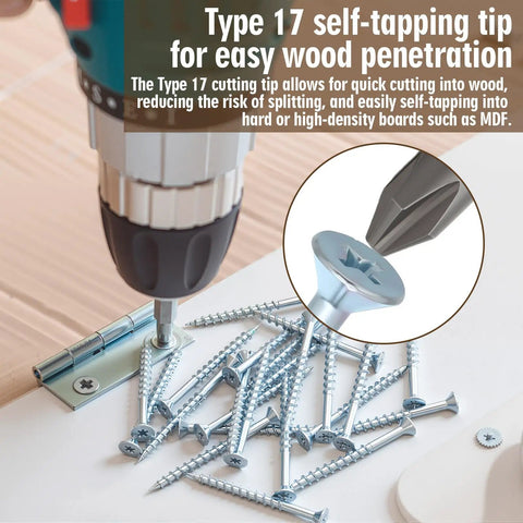 Tough As Nails Flat Head Zinc Coated Steel Screws For Particle Board And Cabinet Hinges No Sweat Furniture Assembly With Included Driver Bit, Type 17 tip for easy penetration