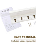 Rustic Wall Key Holder With Four Heavy Duty Hooks And A Floating Farmhouse Shelf, Wall Mounted Mail And Keys Organizer in white.