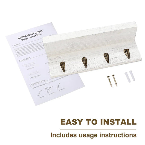 Rustic Wall Key Holder With Four Heavy Duty Hooks And A Floating Farmhouse Shelf, Wall Mounted Mail And Keys Organizer in white.