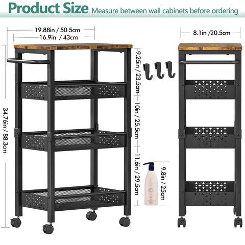 Ultra Durable Slim Utility Storage Cart On Wheels With Wood Top And Metal Frame Four Tier Narrow Rolling Organizer product size