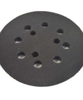 Rock Solid 5 Inch Hook And Loop Sanding Pads With Heavy Duty Dust Collection And No Sweat Installation For Random Orbit Sanders Compatible With Dewalt And Porter Cable 2 Pack - Closeup of black sanding pad with dust extraction ports.