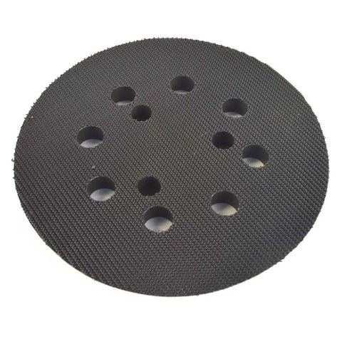 Rock Solid 5 Inch Hook And Loop Sanding Pads With Heavy Duty Dust Collection And No Sweat Installation For Random Orbit Sanders Compatible With Dewalt And Porter Cable 2 Pack - Closeup of black sanding pad with dust extraction ports.