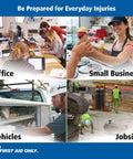 First Aid Only 6060 all-purpose 10-person first aid kit; collage of office, small business, vehicles, and jobsite