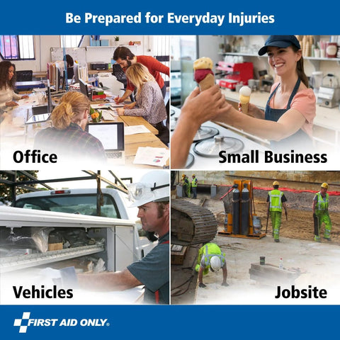 First Aid Only 6060 all-purpose 10-person first aid kit; collage of office, small business, vehicles, and jobsite