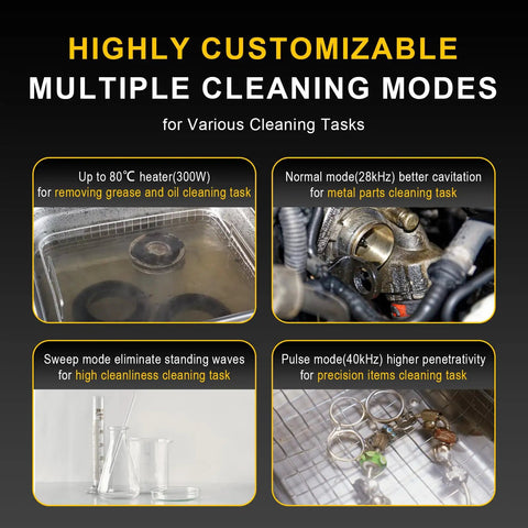 Highly customizable Heavy Duty Six Liter Ultrasonic Cleaner Featuring Built In Heater And Dual Frequency Sweep Tech settings for diverse cleaning tasks.