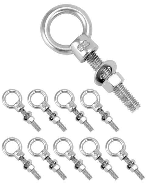 Threaded Eyebolts 10 Pack 3/8 X 2 Inches, 304 Stainless Steel Marine Grade Shoulder Eye Bolts with Nuts, Rust Resistant Metal