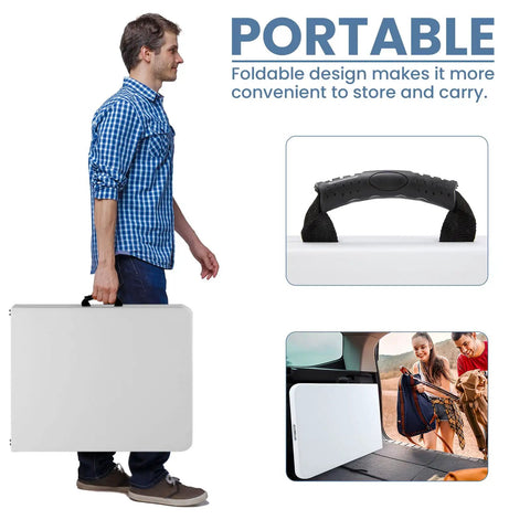 Man carrying 6 Foot Folding Picnic Table Built for On The Go Camping Picnics Parties and Kitchen Use Easy to Fold and Store With Handle