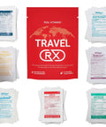 Travel RX Medicine Kit Bulk Travel Kit with individually wrapped medications for various ailments, shown with 7 essentials packets.
