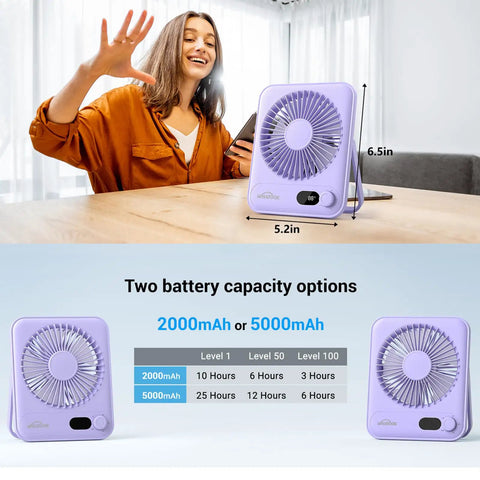Purple Portable Desk Fan With 5000mAh Battery Delivers Up To 25 Hours Of Quiet All Day Breeze For Office Sleep Travel And Camping Rechargeable Mini Fan With LED Battery Display