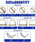 367 Piece Heavy Duty Hitch Pin Kit With R Clips Hair Pins Lynch Pins PTO Pins Cotter Pins Clevis Pins For Trucks Trailers Tractors Mowers And Farm Lawn Garden Equipment, showing sizes of lynch, double, square, and locking pins
