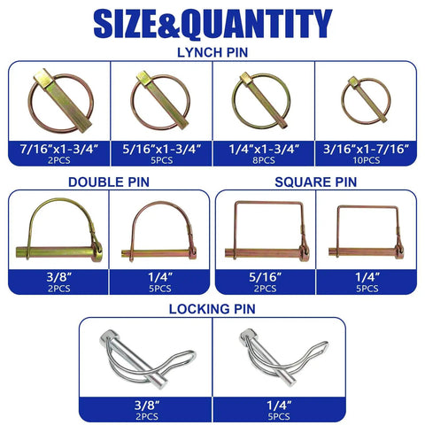 367 Piece Heavy Duty Hitch Pin Kit With R Clips Hair Pins Lynch Pins PTO Pins Cotter Pins Clevis Pins For Trucks Trailers Tractors Mowers And Farm Lawn Garden Equipment, showing sizes of lynch, double, square, and locking pins
