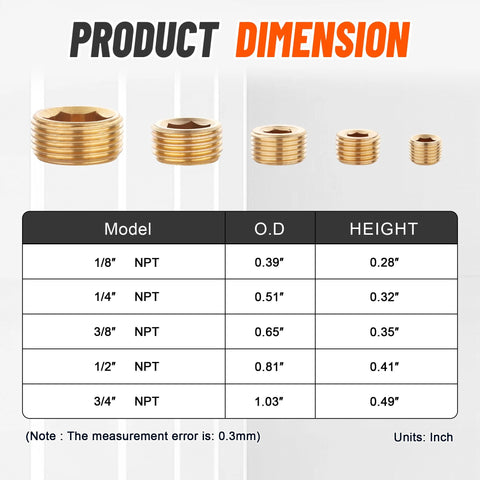Front view of brass pipe plug set with NPT male hex, five sizes: 1/8, 1/4, 3/8, 1/2, 3/4 in.