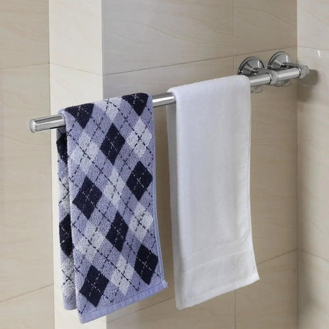 Insta Mount 24 Inch Towel Bar No Tools No Drilling Mounts Anywhere with two towels hanging in a bathroom setting.