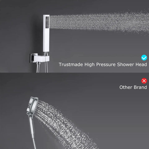Shower Head And Handle Set Wall Mounted Brushed Nickel Luxury High Pressure Square Shower Head For Modern Bathroom Faucet Upgrade Chrome Finish With No Fuss Easy Install And Water Saving Features showing two shower heads comparing water flow strength on dark gray background.