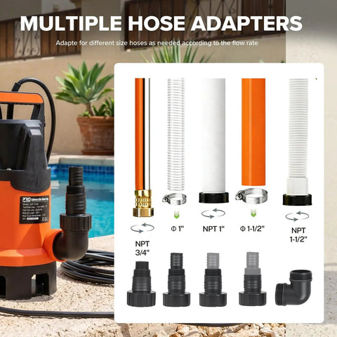 Beefy 1HP Submersible Sump Pump with multiple hose adapters near pool, compatible with various NPT sizes for efficient drainage.