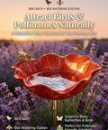 Metal Flower Garden Stake Bird Bath Watering Station For Pollinators Outdoor Garden Decor in a lavender field