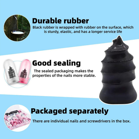 Self Sealing Tire Plug Kit With Two Sizes Rubber Nails And Screwdriver For Cars Motorcycles Trucks And Tractors Pro Vacuum Tire Repair Set 50 Piece Set, showing durable rubber nail