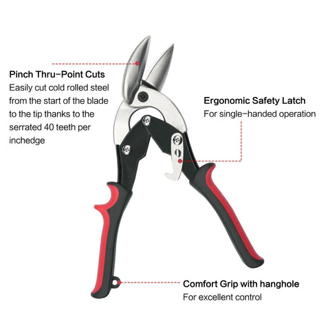 2 Piece Left And Right Offset Tin Cutting Shears With Comfort Grip And Safety Lock For Cutting Thin To Moderately Hard Metal Materials great for precise straight or curved cuts and long trim jobs in metalworking, featuring comfort grip and ergonomic safety latch.