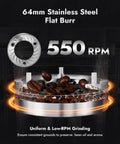 64 Mm Flat Burr Electric Coffee Grinder, stainless steel burr, 550 RPM for espresso and French press brewing.