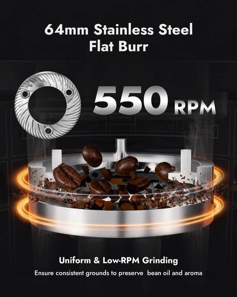 64 Mm Flat Burr Electric Coffee Grinder, stainless steel burr, 550 RPM for espresso and French press brewing.
