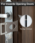 Portable Door Lock For Hotel And Apartment Security Heavy Duty Aluminum And Stainless Steel Travel Latch Bolt Easy To Install On Door Prevent Unauthorized Entry And Keep Your Privacy While On The Go Blue installed on inward-opening door, showing installation gap.