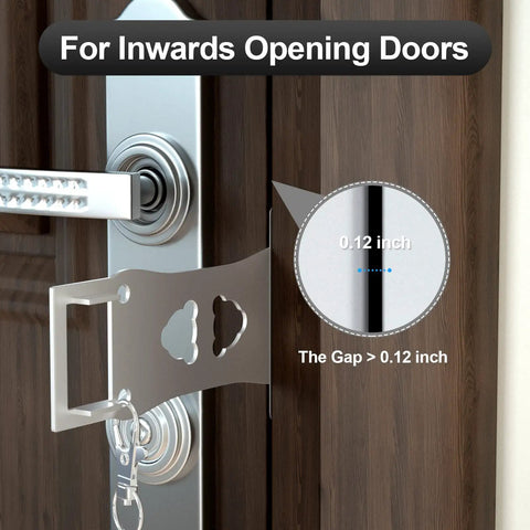 Portable Door Lock For Hotel And Apartment Security Heavy Duty Aluminum And Stainless Steel Travel Latch Bolt Easy To Install On Door Prevent Unauthorized Entry And Keep Your Privacy While On The Go Blue installed on inward-opening door, showing installation gap.