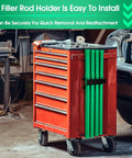 Welding Rod Storage Rack Kit With Four Slot TIG Filler Rod Holder And Four 40 Inch Tungsten Electrode Storage Tubes on red tool cart
