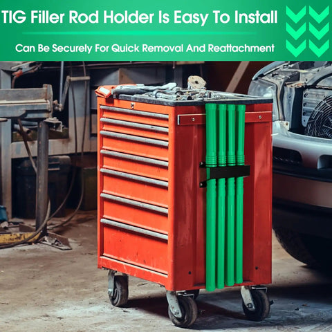 Welding Rod Storage Rack Kit With Four Slot TIG Filler Rod Holder And Four 40 Inch Tungsten Electrode Storage Tubes on red tool cart