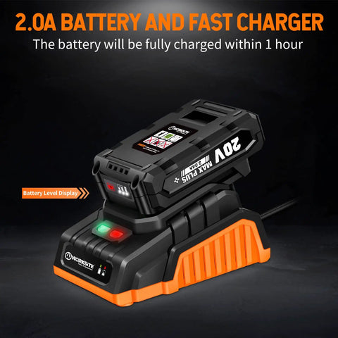 Close-up of 20V battery and fast charger from Brushless Power Drill Kit With 1/2 Inch All Metal Chuck, 530 In-Lb Torque, 2 Speed.