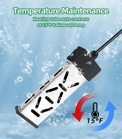 1800W Immersion Water Heater With Thermostat, submersible electric heater shown underwater with digital display