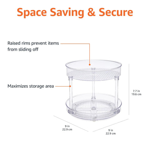 Clear Lazy Susan Turntable Organizer For Spices And Condiments With Smooth Rotating 2 Tier Design Nine Inch Diameter BPA Free Plastic