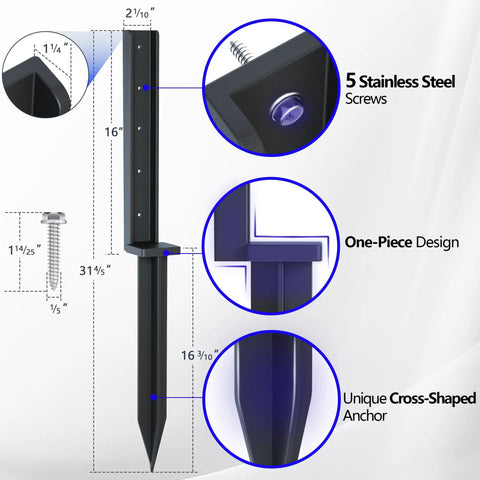 Diagram of One Piece Fence Post Repair Kit Two Pack Heavy Duty Post Anchors 32 Inch Metal Ground Stakes highlighting features