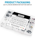 240 Piece Micro Momentary Tactile Push Button Switches Assortment Kit With 24 Value Options Black Color packaging display