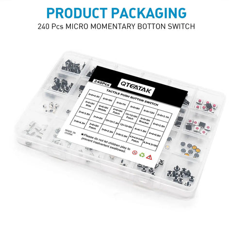 240 Piece Micro Momentary Tactile Push Button Switches Assortment Kit With 24 Value Options Black Color packaging display