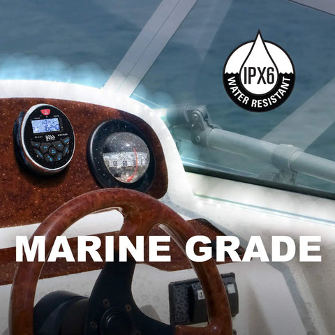 Marine Boat Stereo Gauge Receiver With Bluetooth Head Unit No CD Or DVD Player Built In 4 Channel Amplifier, installed on boat dashboard