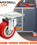 Four Pack Of 2.5 Inch Red Pvc Swivel Caster Wheels With Silent 360 Ball Bearings For Heavy Duty Furniture Carts And Utility Dollies on workshop floor.