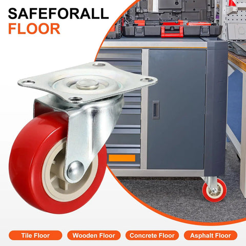 Four Pack Of 2.5 Inch Red Pvc Swivel Caster Wheels With Silent 360 Ball Bearings For Heavy Duty Furniture Carts And Utility Dollies on workshop floor.