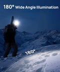 Person hiking at night with Rechargeable LED Headlamp With 1000LM T6 LED Zoomable Headlight illuminating snowy mountain, 180° angle shown