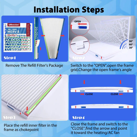 Installation steps for the Six Pack 20x20x1 Air Filters with Reusable ABS Frame for Deep Pleated MERV 8 HVAC Furnace Replacement.