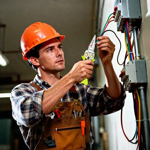 8-In-1 Wire Stripper And Crimping Pliers With Voltage Tester And Dual Alarms, Needle Nose Electrical Pliers For Cutting, Pulling, And Crimping Wires, A Handy Electrician Tool For DIY Pros. in use on electrical wiring
